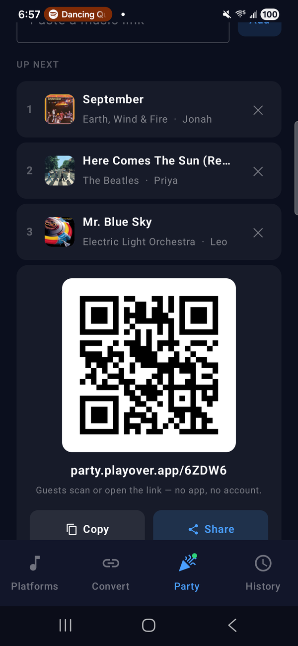 The party queue with three requests from three guests, above the party's QR code and link, and the line: Guests scan or open the link — no app, no account