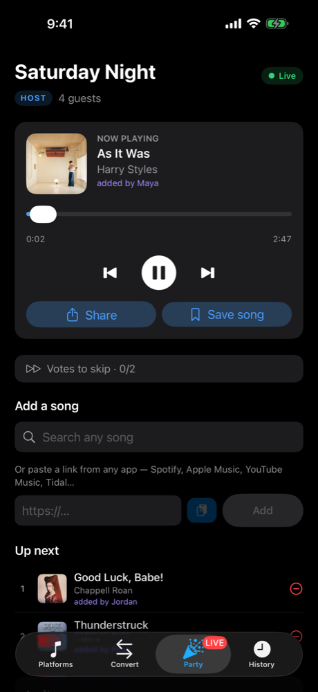 PlayOver on iPhone hosting Saturday Night with four guests, playing As It Was, added by Maya, with two more requests up next