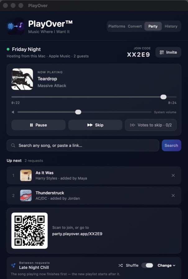 PlayOver for Mac hosting Friday Night with Apple Music: Teardrop playing, requests from Maya and Jordan up next, the join code, QR code and the playlist between requests