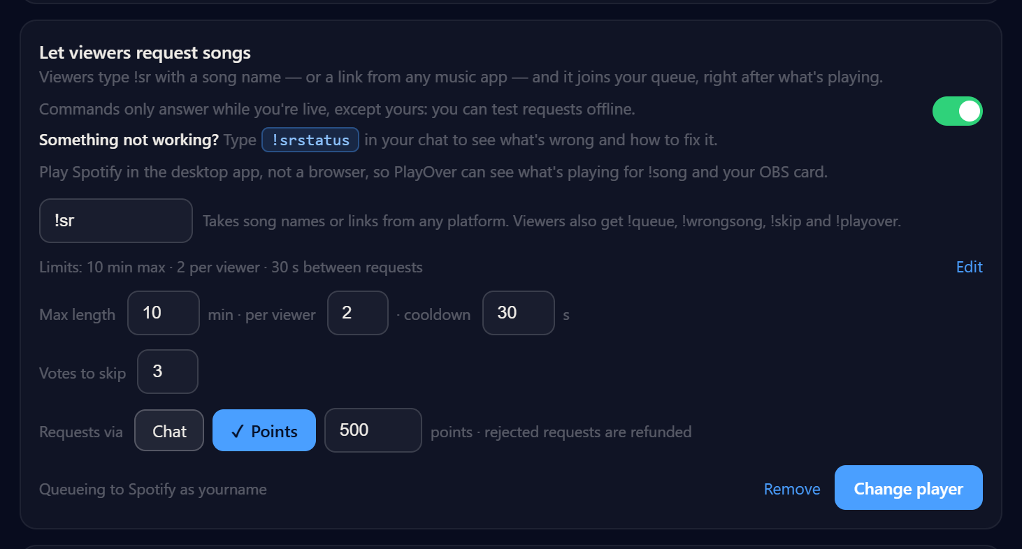 PlayOver's request settings: Requests via Chat or Points, a cost of 500, song limits, and a note that rejected requests are refunded.