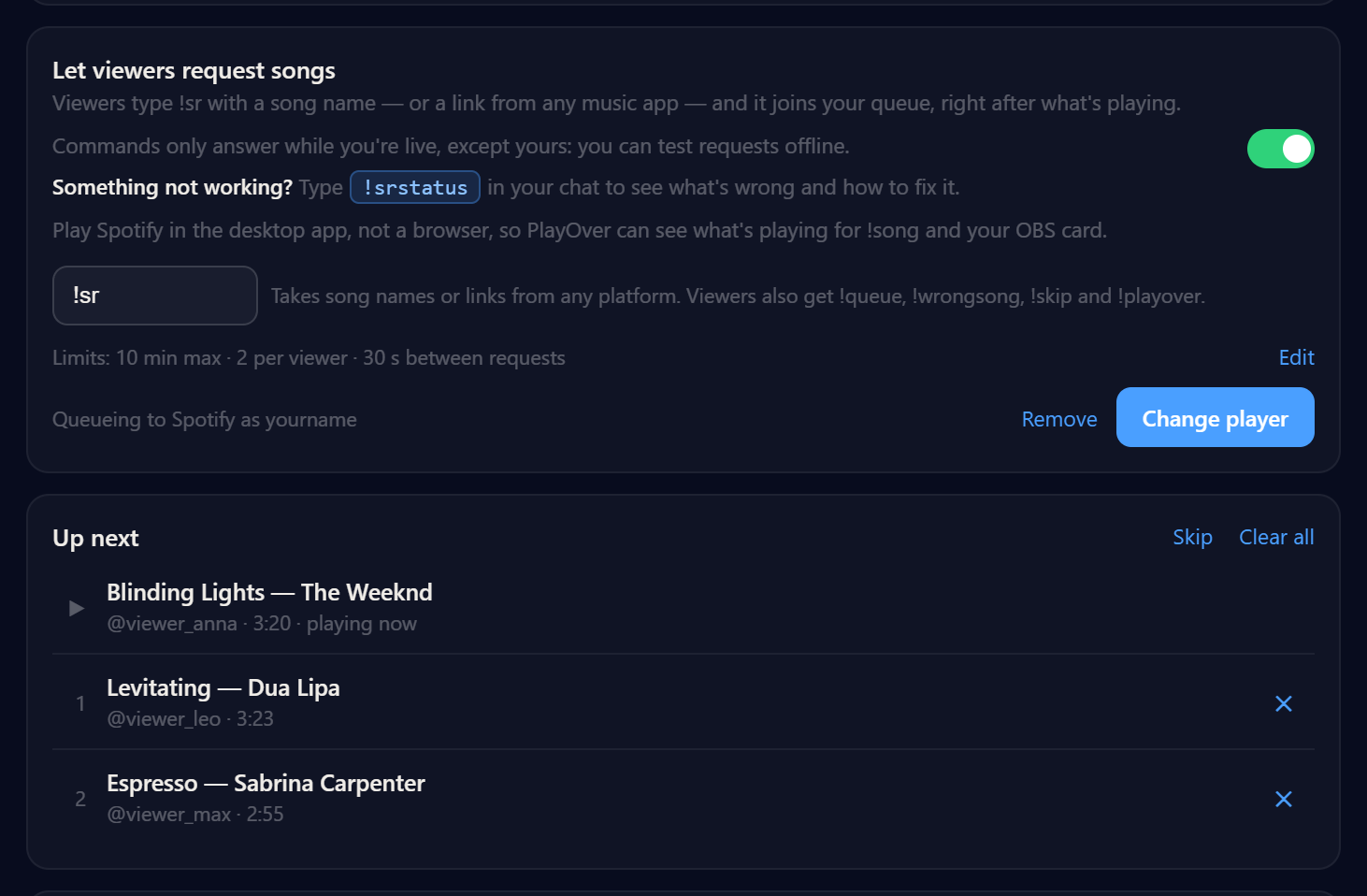 PlayOver queueing to Spotify, with three requested songs listed under Up next.