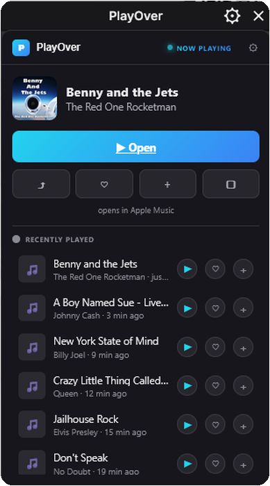 PlayOver overlay on a desktop stream showing the current song with Open, Save, and Playlist buttons