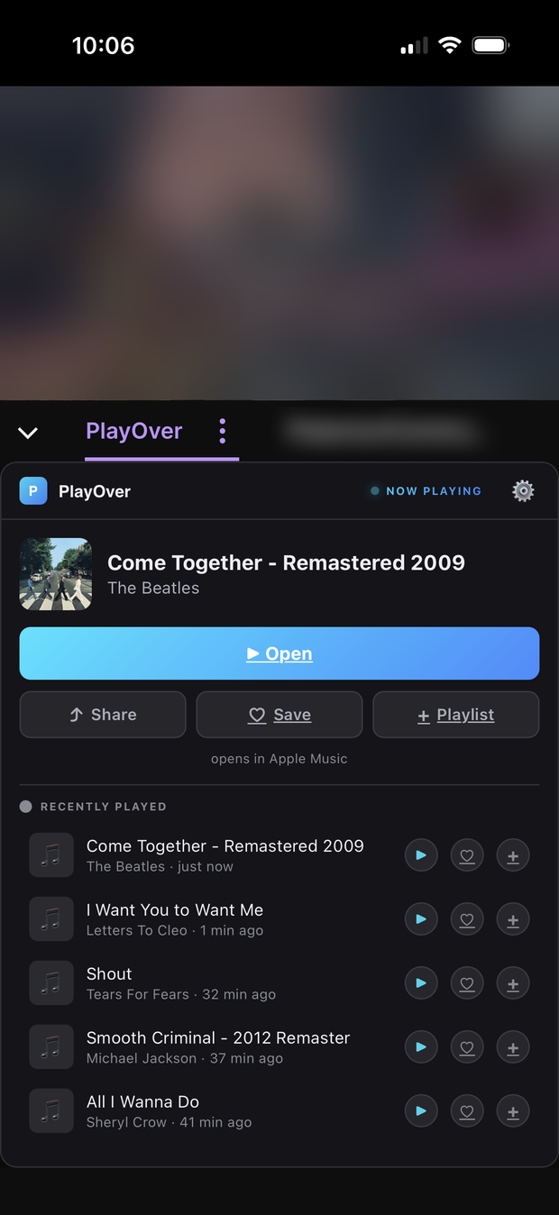 PlayOver overlay in the Twitch mobile app, opening the current song in Spotify
