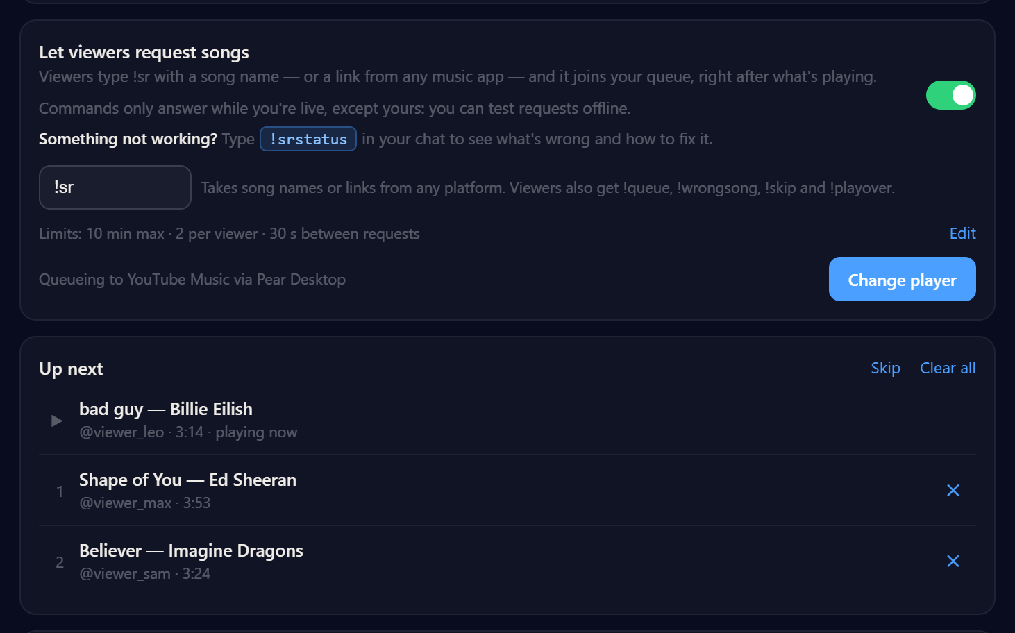 PlayOver queueing to YouTube Music via Pear Desktop, with requested songs under Up next.